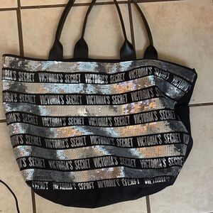 Victoria's Secret Black and Silver Sequin Logo Stripe Tote